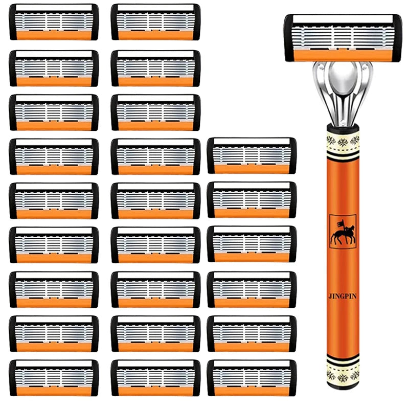 6-Layer Stainless Steel Safety Razor Set for Men - Replaceable Blade Head, Manual Shaving