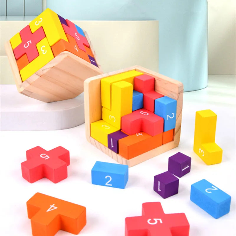 Colorful Wooden Luban Lock Cube 3D Puzzle - Classic Interlocking Brain Teaser for Kids & Adults