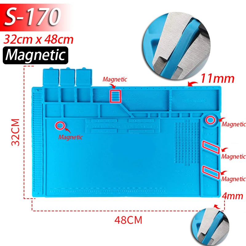 Silicone Soldering Work Mat Heat-Resistant to 932°F (500°C) Anti-Static Magnetic Repair Mat for Electronics, Phones, Laptops & Watches