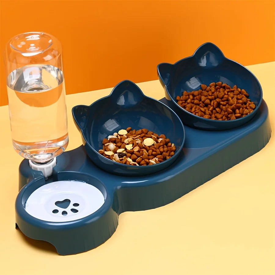 3-in-1 Tilted Cat Food & Water Bowl Set with Gravity Water Feeder — Ear Design for Neck Protection