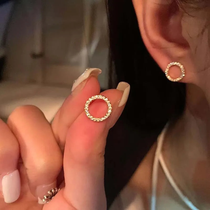 Gold Crystal Circle Stud Earrings for Women Minimalist Korean Party Jewelry