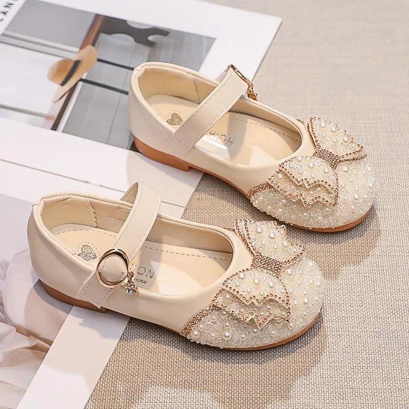 Girls Princess Glitter Ballet Flats, Rhinestone Party & Wedding Shoes — PU Leather, Non-Slip Rubber Sole
