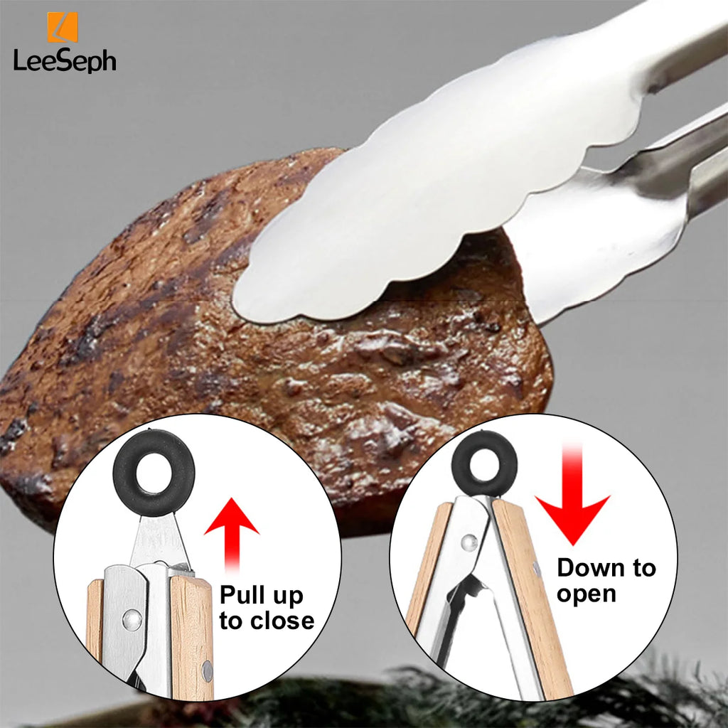 Stainless Steel Grill & Salad Tongs with Oak Handle, Locking Ring, Heat-Resistant — 5 Sizes Available