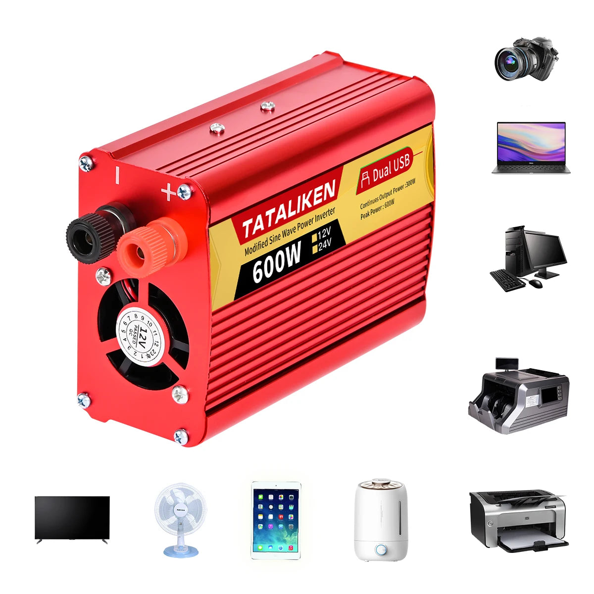 2000W Car Power Inverter 12V DC to 110V/220V AC 60Hz with Dual USB Quick Charge Adapter - Red