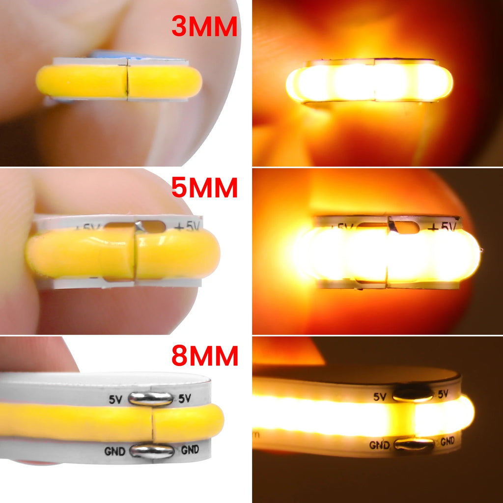 COB High-Density Flexible LED Strip Light – 320/384/480/528 LEDs/m, DC 5V/12V/24V, 3mm/5mm/8mm PCB Tape Light
