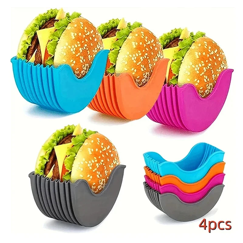 4-Pack Retractable Silicone Burger Holders — Washable Sandwich & French Fry Clips