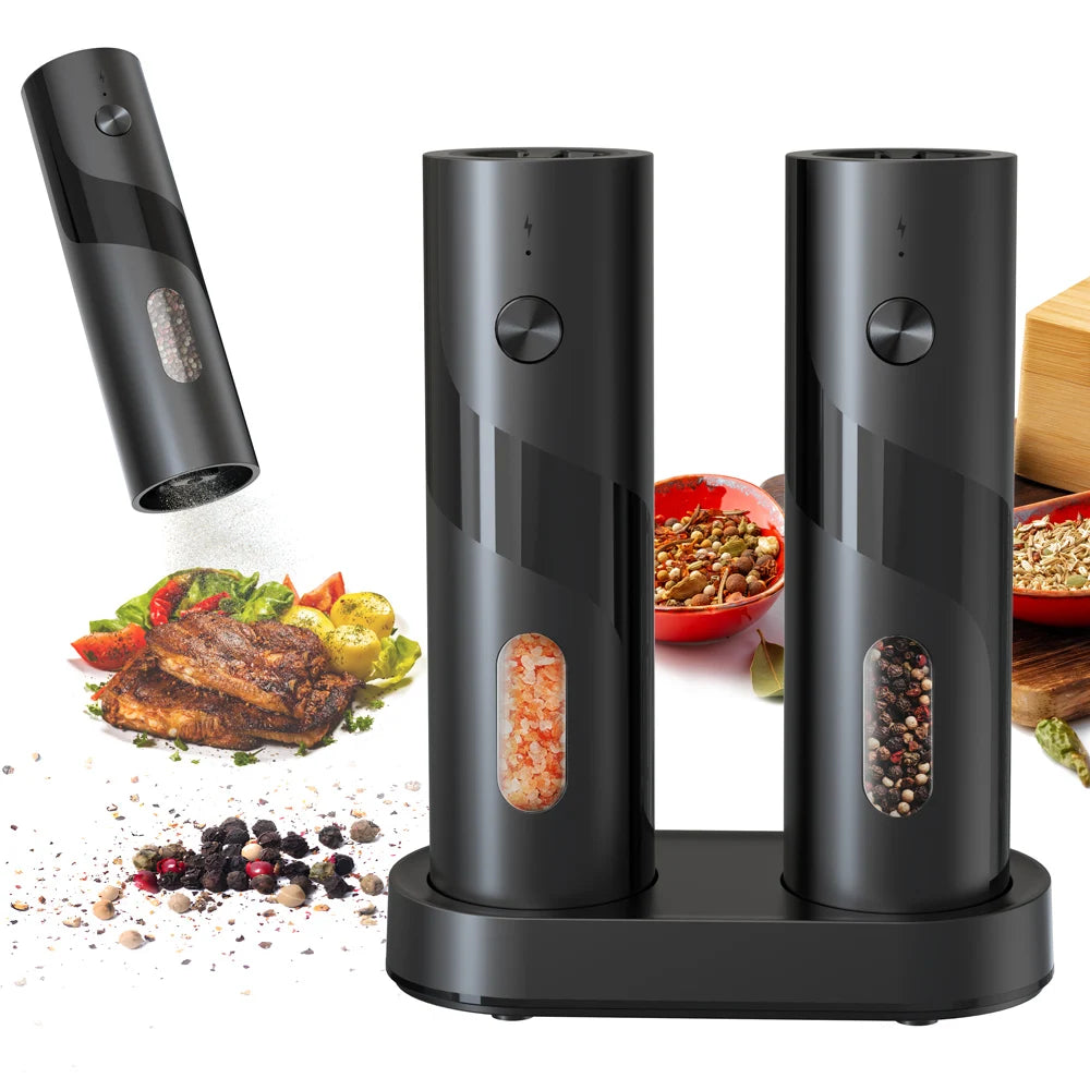 2-Pack USB Rechargeable Electric Salt and Pepper Grinder Set, Adjustable Coarseness, LED Light, Top-Fill Spice Mill
