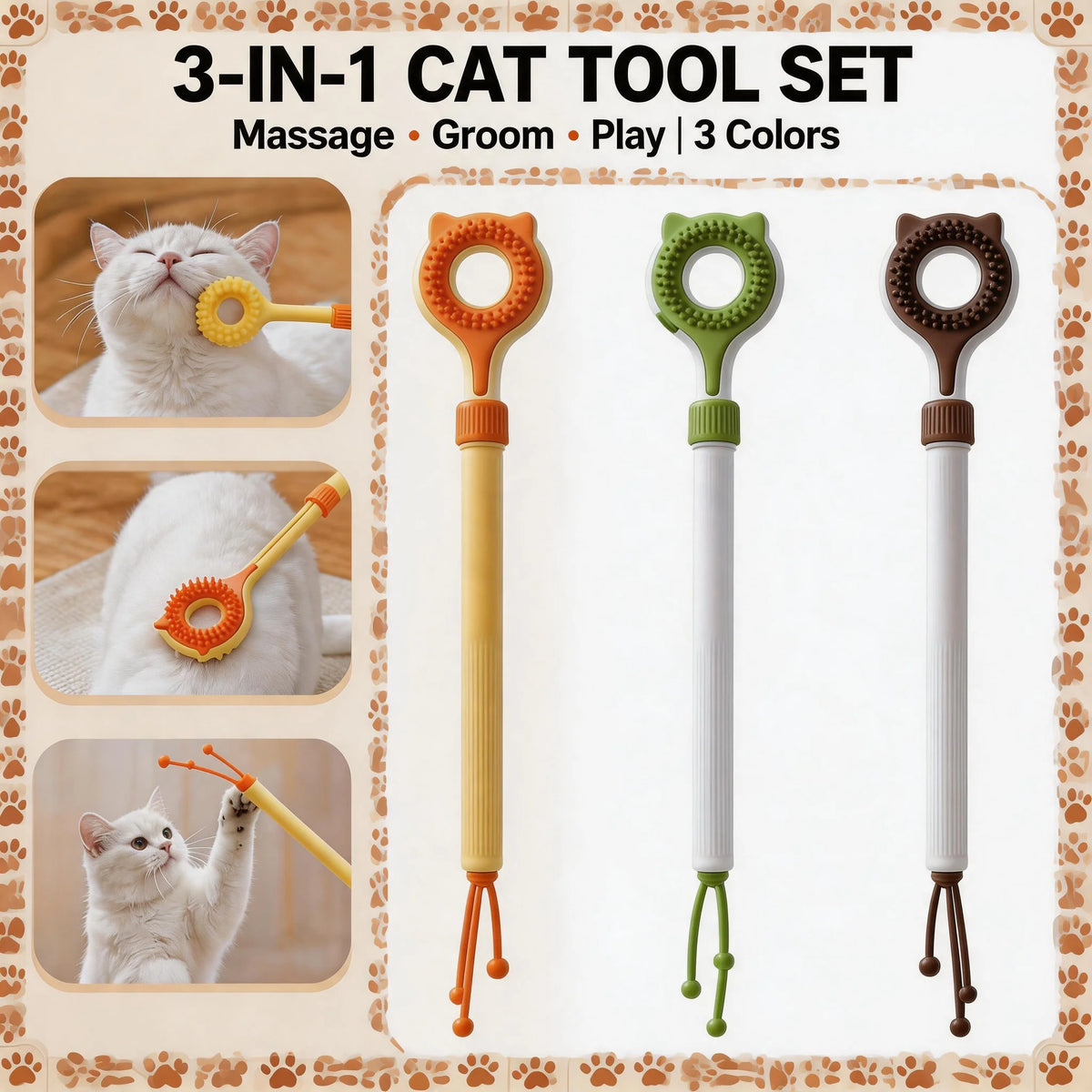 3-in-1 Retractable Cat Grooming Brush & Teaser Wand - Dual-Sided Massager for Cats & Kittens