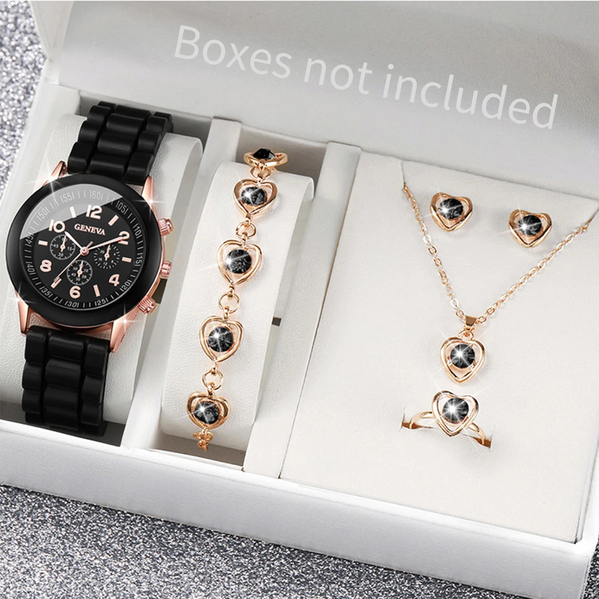 5/6-Piece Women's Quartz Watch & Jewelry Gift Set - Silicone Band, 38mm (1.50 in)
