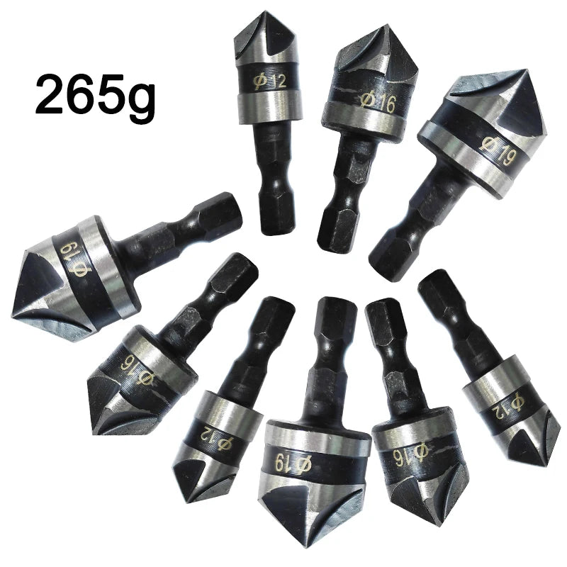 3-Piece 90° Five-Blade Countersink Bit Set - Hex Shank 12/16/19mm (1/4 in / 6.35mm) for Wood