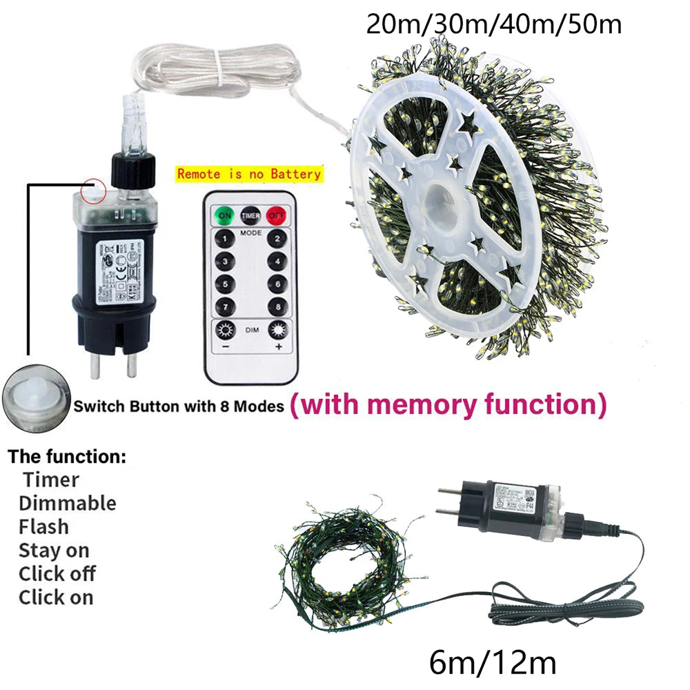 LED Fairy String Cluster Lights Green Wire – Dimmable Remote-Controlled Outdoor & Indoor Christmas, Wedding & Party Garland Lights