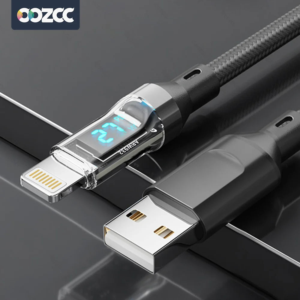 27W PD Fast Charging MFi Lightning Cable with LCD Power Display — Transparent Braided USB-A/USB-C to Lightning, Data Sync & Charging