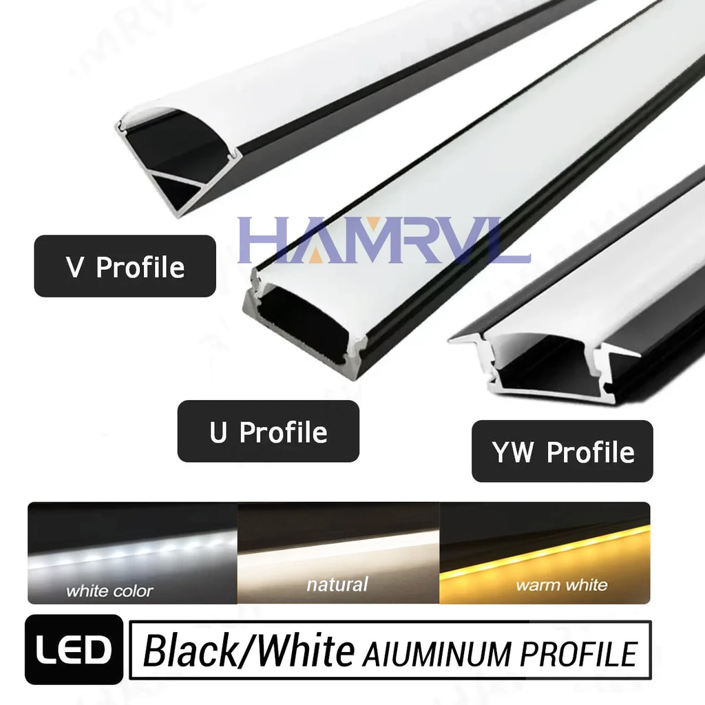 LED Aluminum Channel Profile 1m / 0.5m with Diffuser — Black/White/Clear Covers for 5050 & 5630 LED Strips, DC 12V, Warm/Natural/Cool White