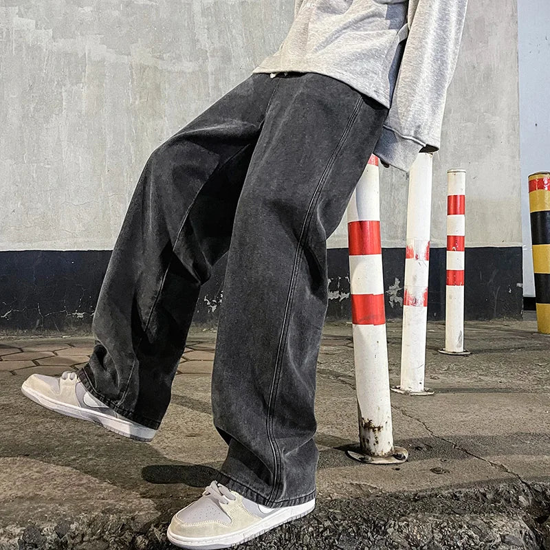 Men's Korean Streetwear Loose Wide-Leg Jeans - Straight Baggy Pants in Black & Light Blue
