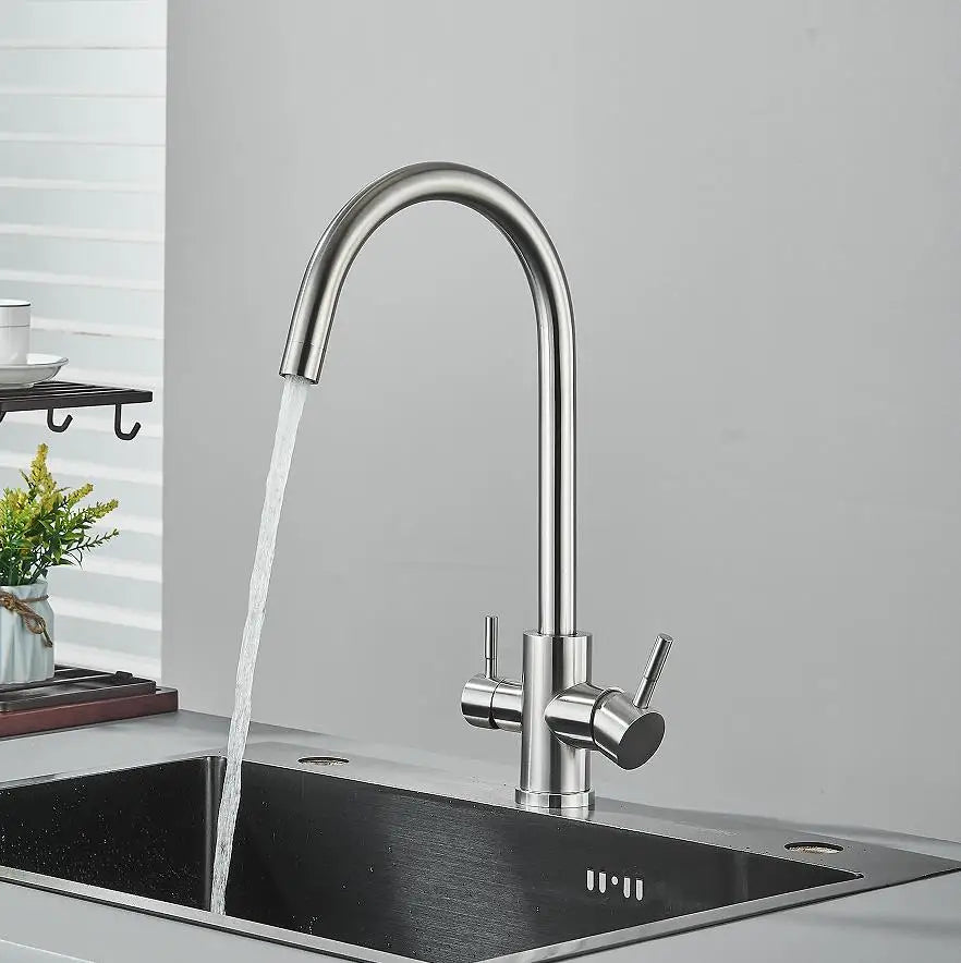 Brass Kitchen Water Filter Faucet Dual-Spout Mixer – 360° Swivel Filtered Drinking Tap, Hot & Cold