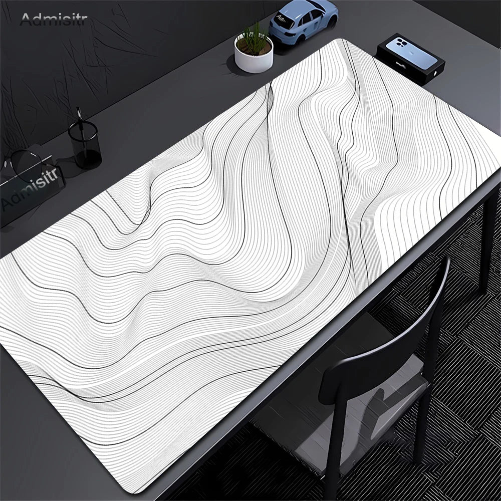 XXL Black & White Abstract Desk Mat - Liquid Strata Gaming Mouse Pad, Large Non-Slip Locking-Edge Deskmat