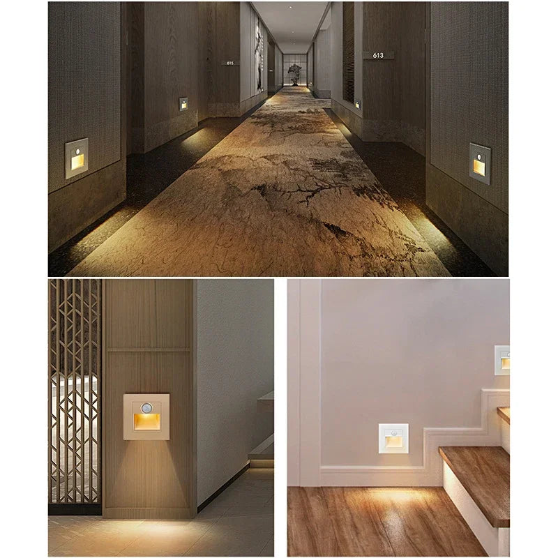 PIR Motion Sensor Recessed LED Night Light 86mm (3.4 in) AC 110-240V for Staircase Bedroom Hallway