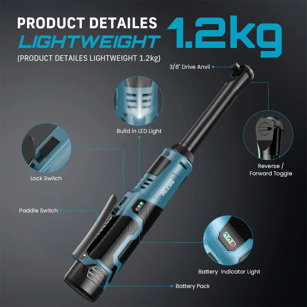 6-Inch (150 mm) Extended Cordless 3/8-Inch (9.5 mm) Ratchet Wrench 12V Rechargeable 54 N·m (40 ft-lb) Electric Angle Wrench with 2 Batteries