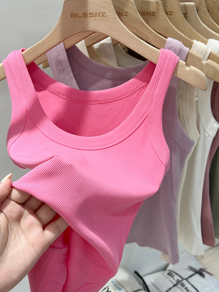 Women's Ribbed Round Neck Tank Top O-Neck Camisole Elastic Summer Basic Solid Tank