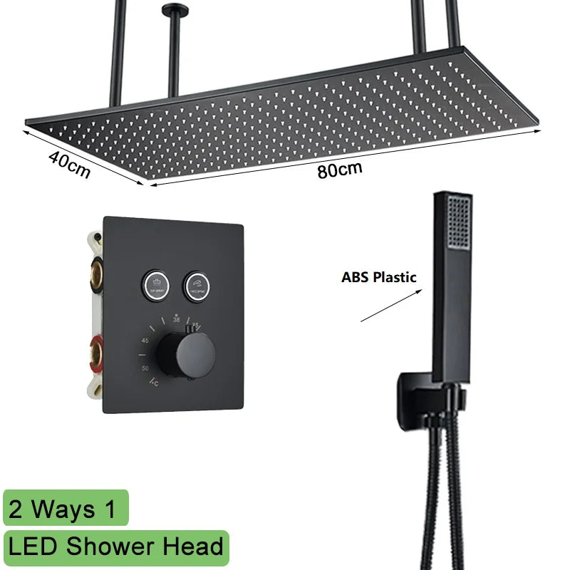 Big Black Thermostatic Ceiling-Mounted Rainfall Shower System with Hand Shower – Thermostatic Mixer Tap, 150 cm (59 in) Hose, 400+ mm (15.7+ in) Rain Head