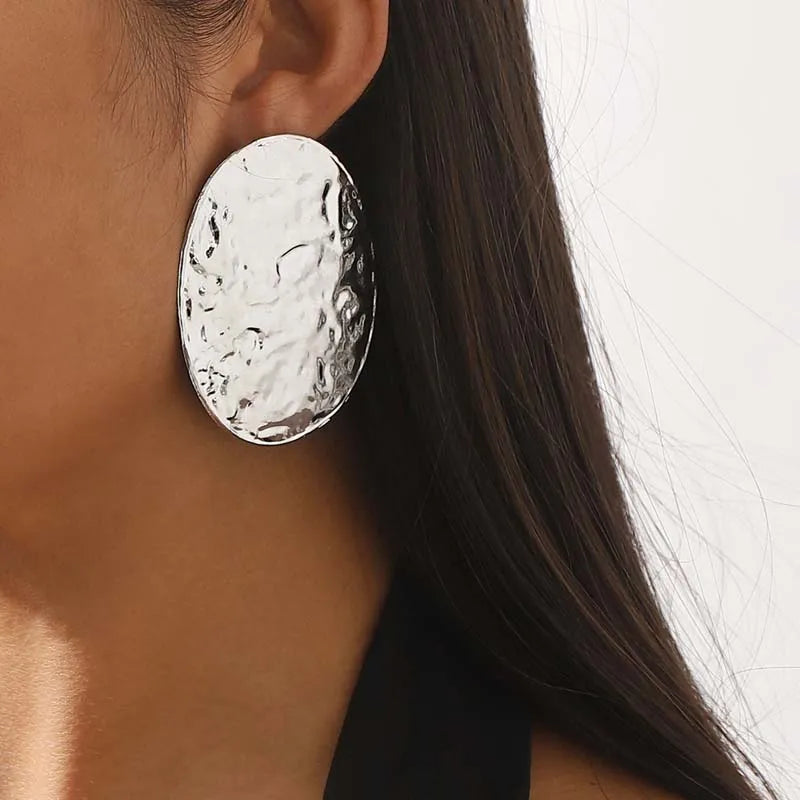 Large Gold Oval Geometric Stud Earrings - Textured Metal Statement Jewelry for Women