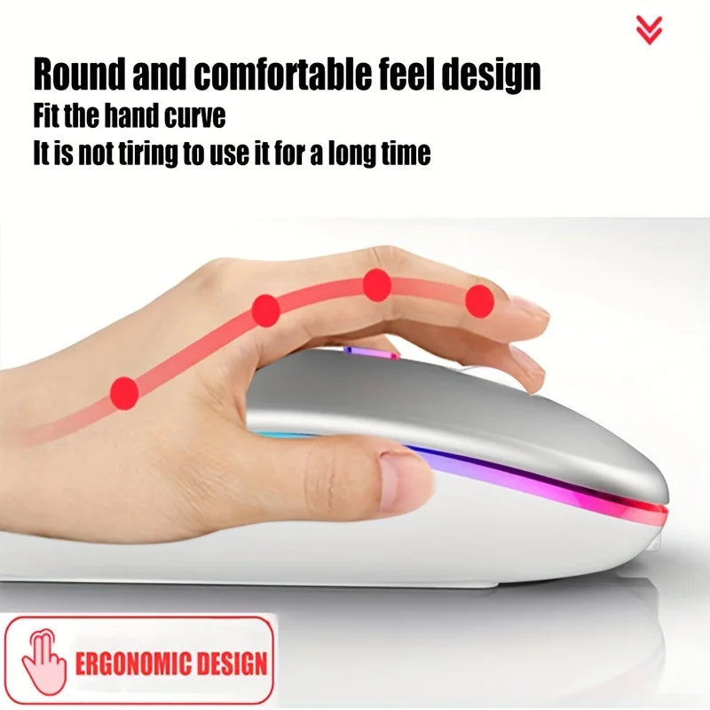 Rechargeable Bluetooth & 2.4GHz Wireless Mouse — Silent Click, RGB, Ergonomic, USB-C Charging for PC Mac iPad Laptop Phone TV