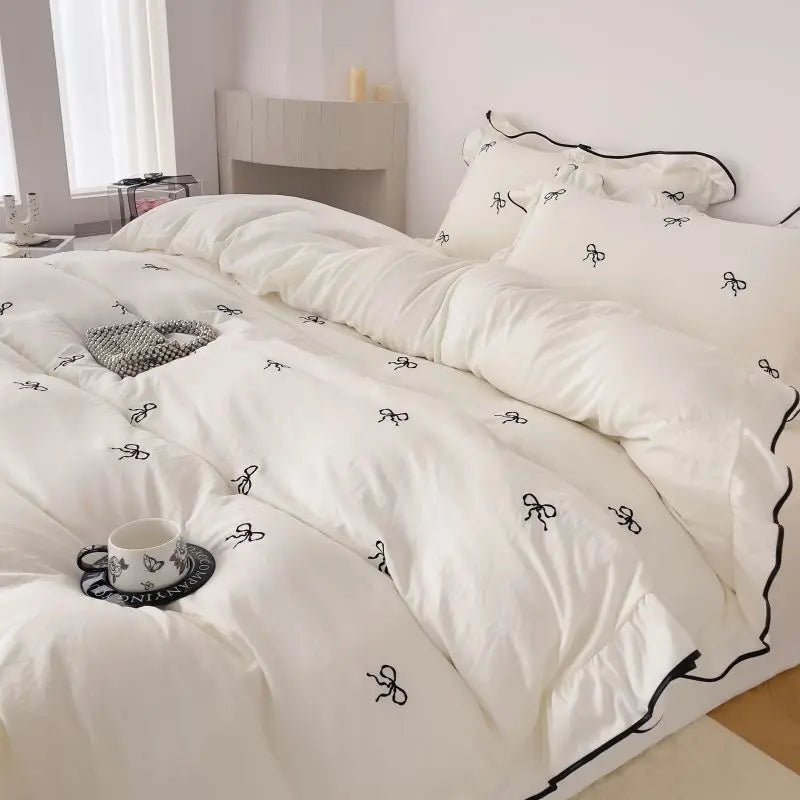 Floral Embroidered Duvet Cover Set 3-Piece (1 Duvet Cover + 2 Pillowcases) - Twill Polyester - Multiple Sizes - White, Pink, Black