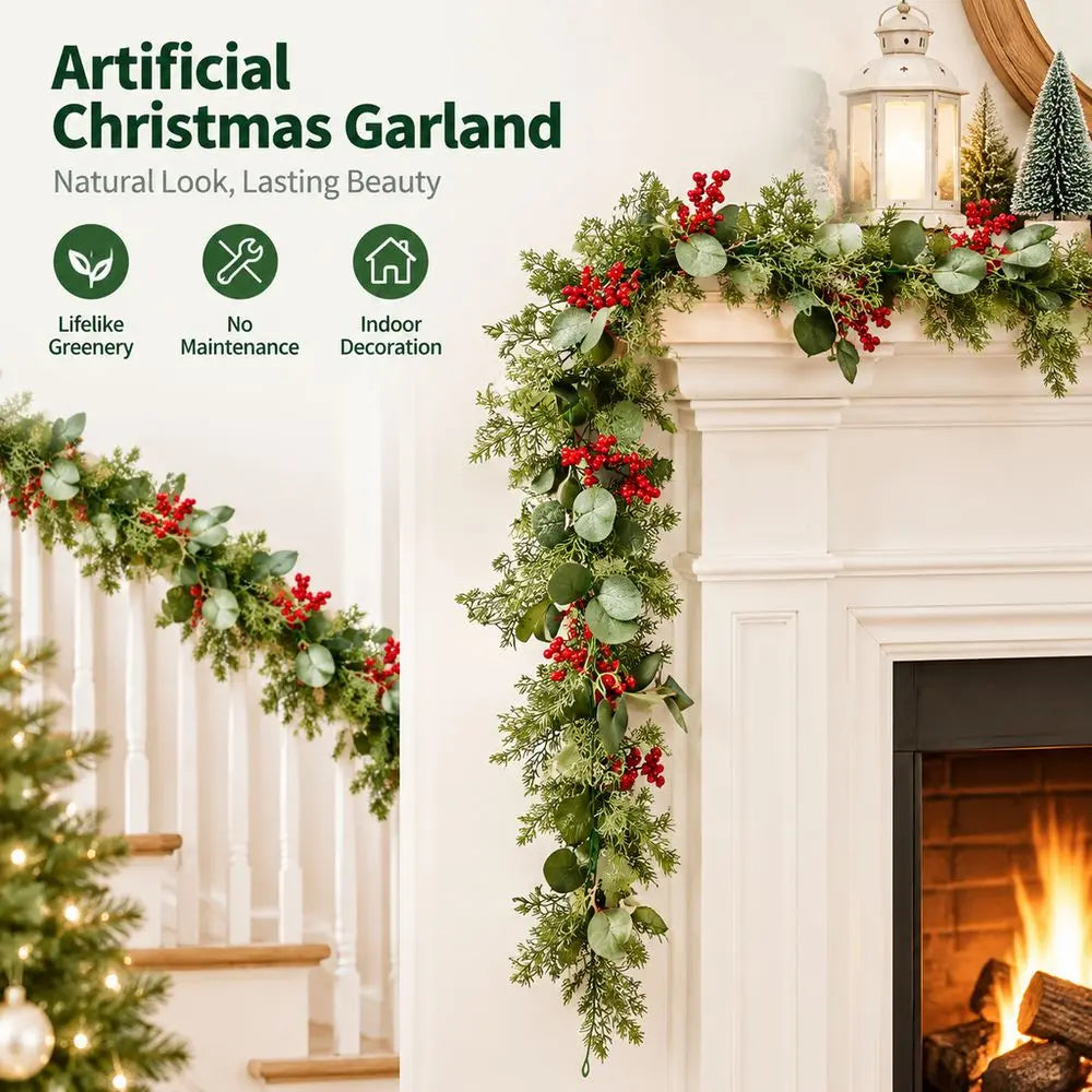 5.9 ft (1.8 m) Eucalyptus Christmas Garland with Red Berries & Pine Cones — Flexible Holiday Vine for Door, Mantel & Staircase