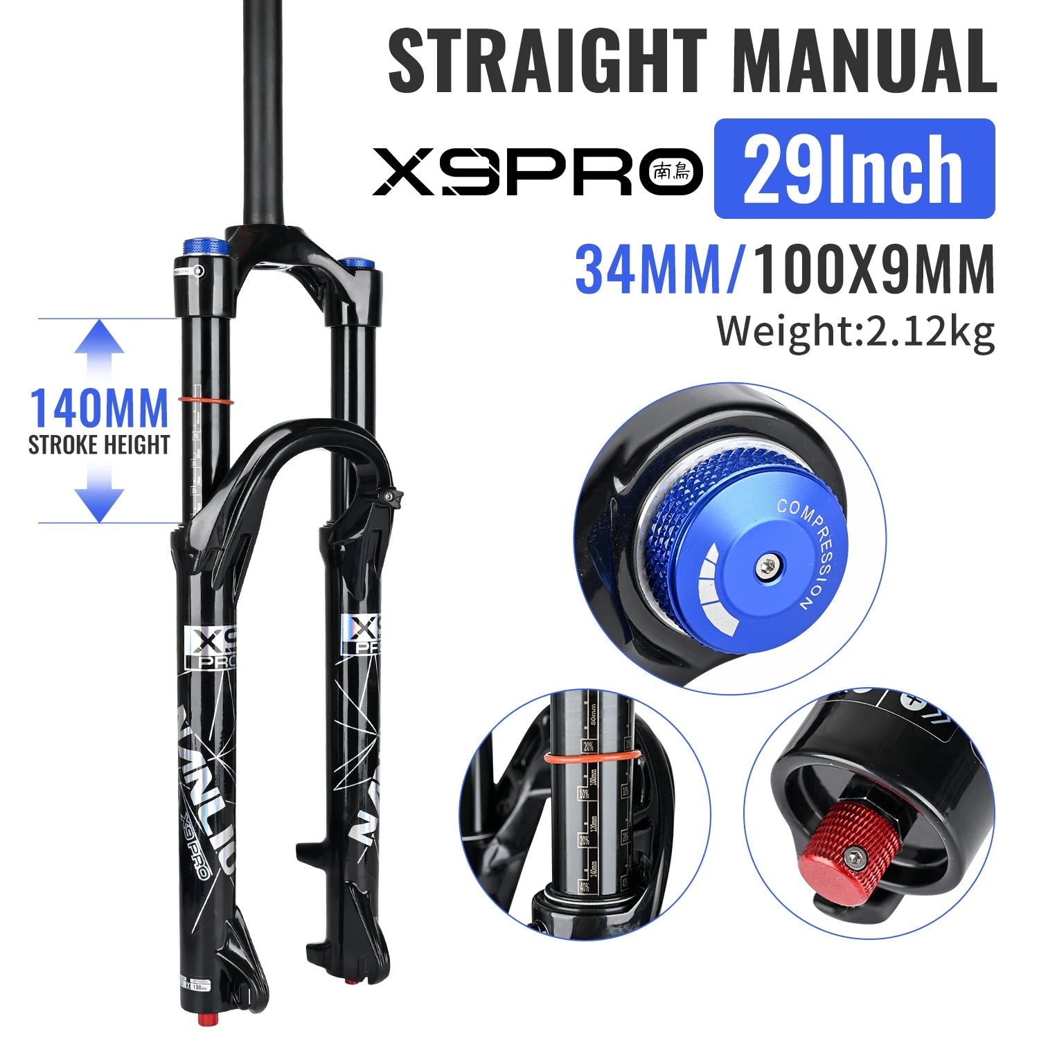 34mm MTB Suspension Fork for 26/27.5/29 in Wheels, Oil & Air Damping, 140/160mm (5.5/6.3 in) Travel with Metal Bushings