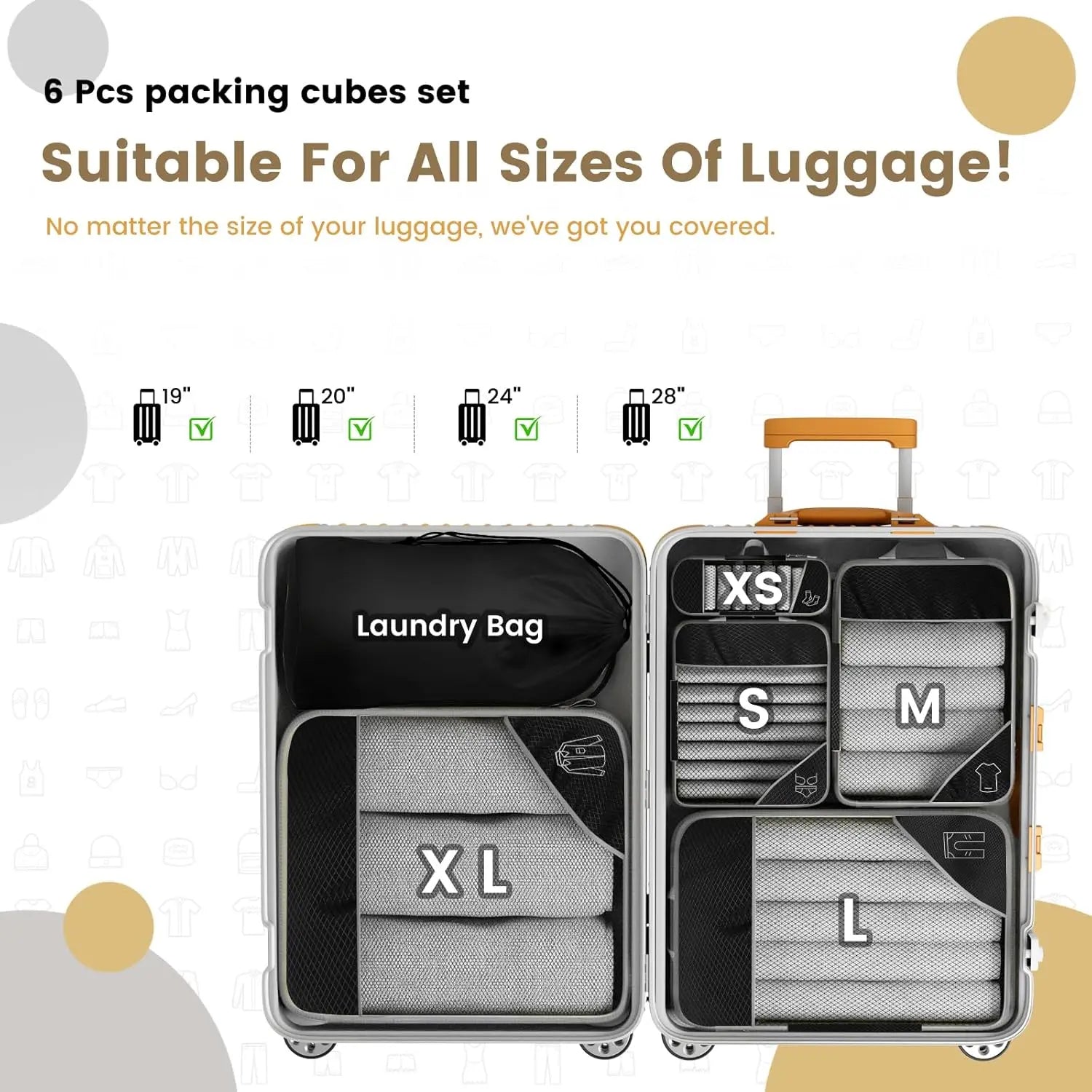 6-Piece Travel Compression Packing Cubes Set with Shoe Bag - Mesh Lightweight Luggage Organizers