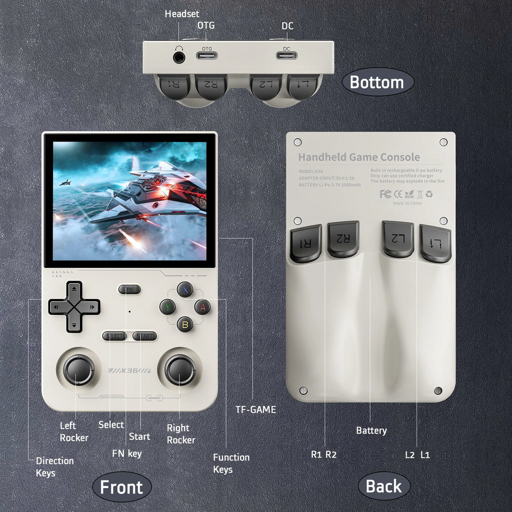 Retro Handheld Emulator Console, 16,000+ Classic Games, 3.5" IPS 500 nit (640x480), RK3326 CPU, 3500mAh, Type-C, 64GB