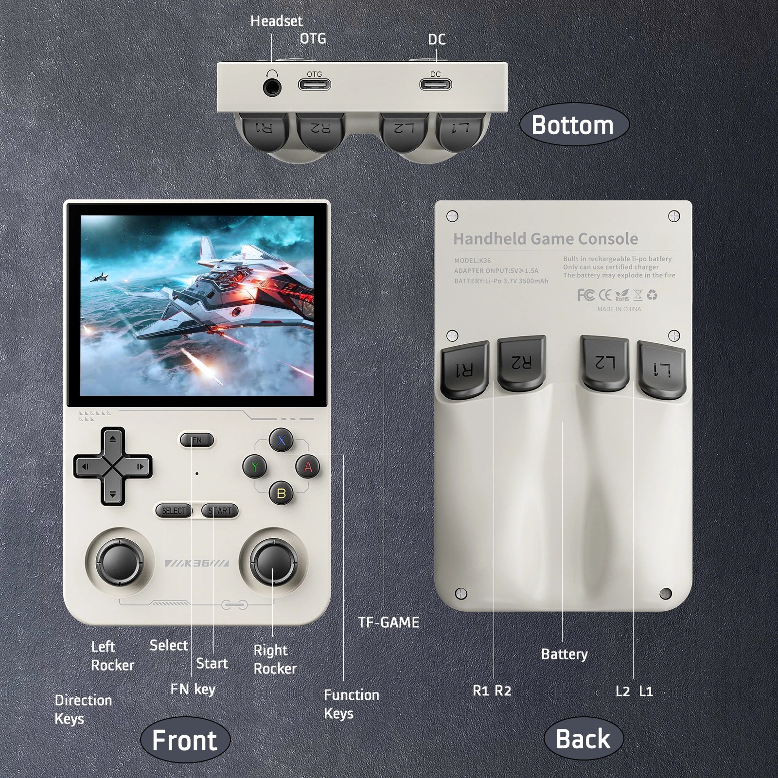 Retro Handheld Emulator Console, 16,000+ Classic Games, 3.5" IPS 500 nit (640x480), RK3326 CPU, 3500mAh, Type-C, 64GB