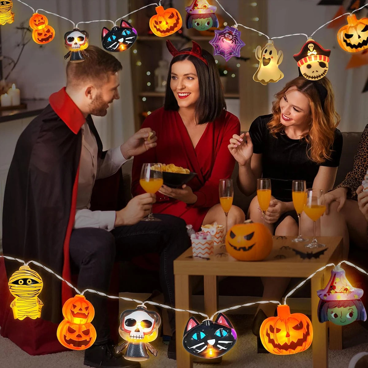 10/20/30 LED Halloween String Lights – Pumpkin, Bat, Ghost, Cat, Spider, Pirate, Witch & Mummy Shapes, Battery-Powered Indoor Outdoor Decor