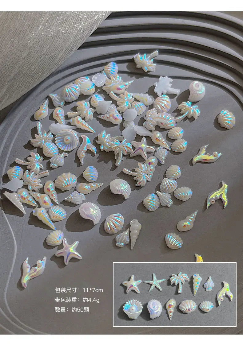 50pcs Summer Ocean 3D Nail Charms – Aurora Shell, Starfish & Fish Tail Nail Art Decorations