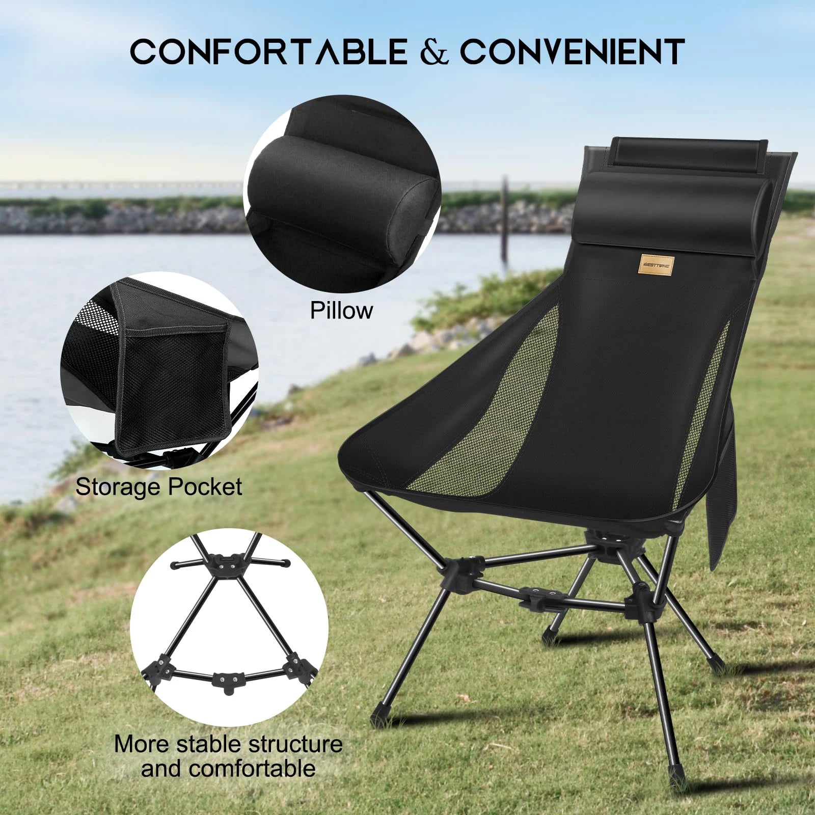 Ultralight Foldable Moon Camping Chair with Headrest, Portable Fishing & Travel Chair with Pillow and Carry Bag
