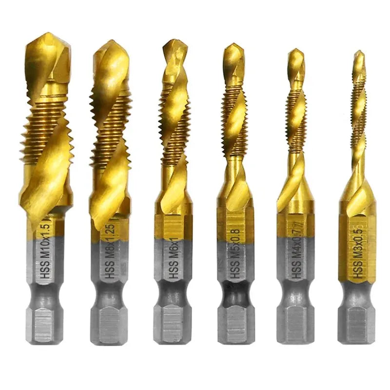 6-Piece High-Speed Steel (HSS 4341) Titanium-Plated Tap & Drill Set - Integrated Machine Taps with Chamfering Tools