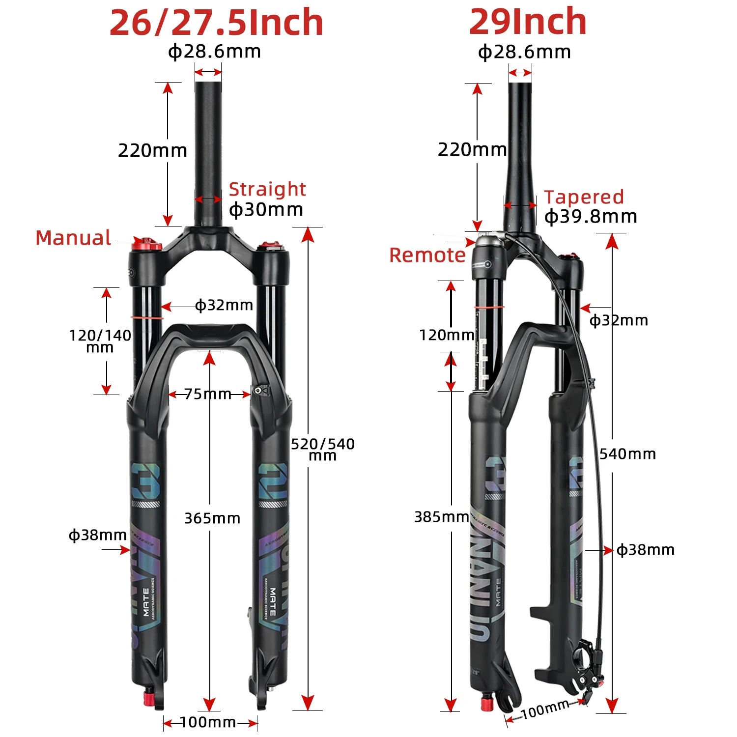 Air Suspension MTB Fork Rebound and Lockout Adjustment 26 / 27.5 / 29-Inch Straight or Tapered, 120mm (4.7in) & 140mm (5.5in) Travel
