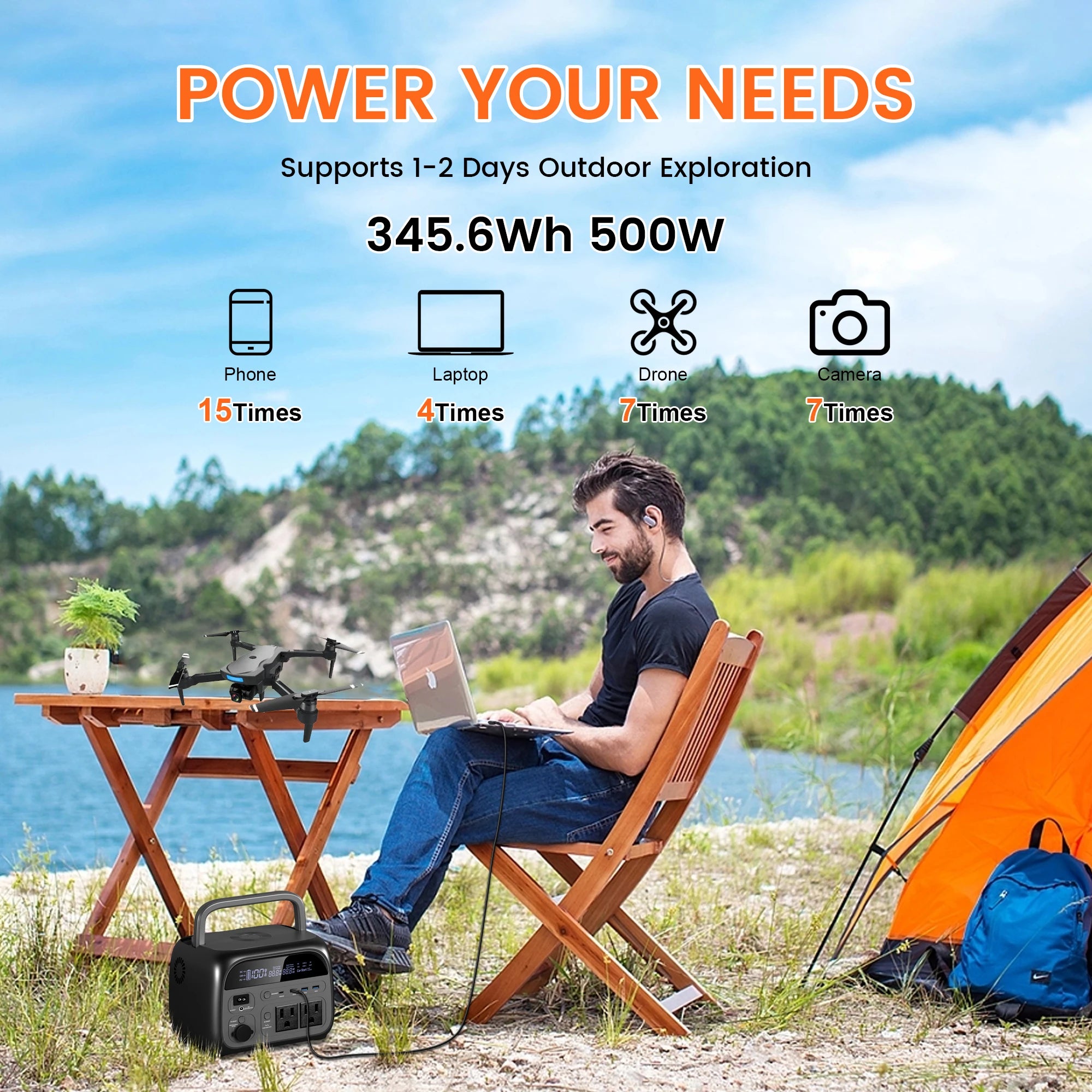 345Wh 500W Portable Power Station - 108000mAh LiFePO4 Power Bank for Camping, Home, RV Backup & UPS