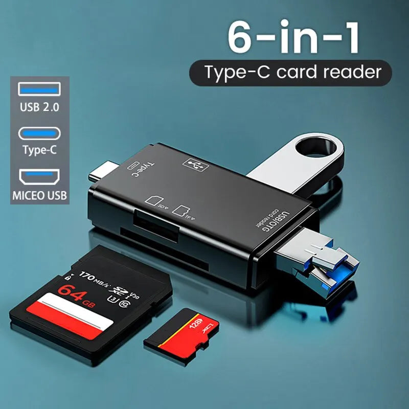 6-in-1 USB Type-C OTG Card Reader – MicroSD/TF & USB Adapter for Phones, Tablets, Laptops (USB 2.0)
