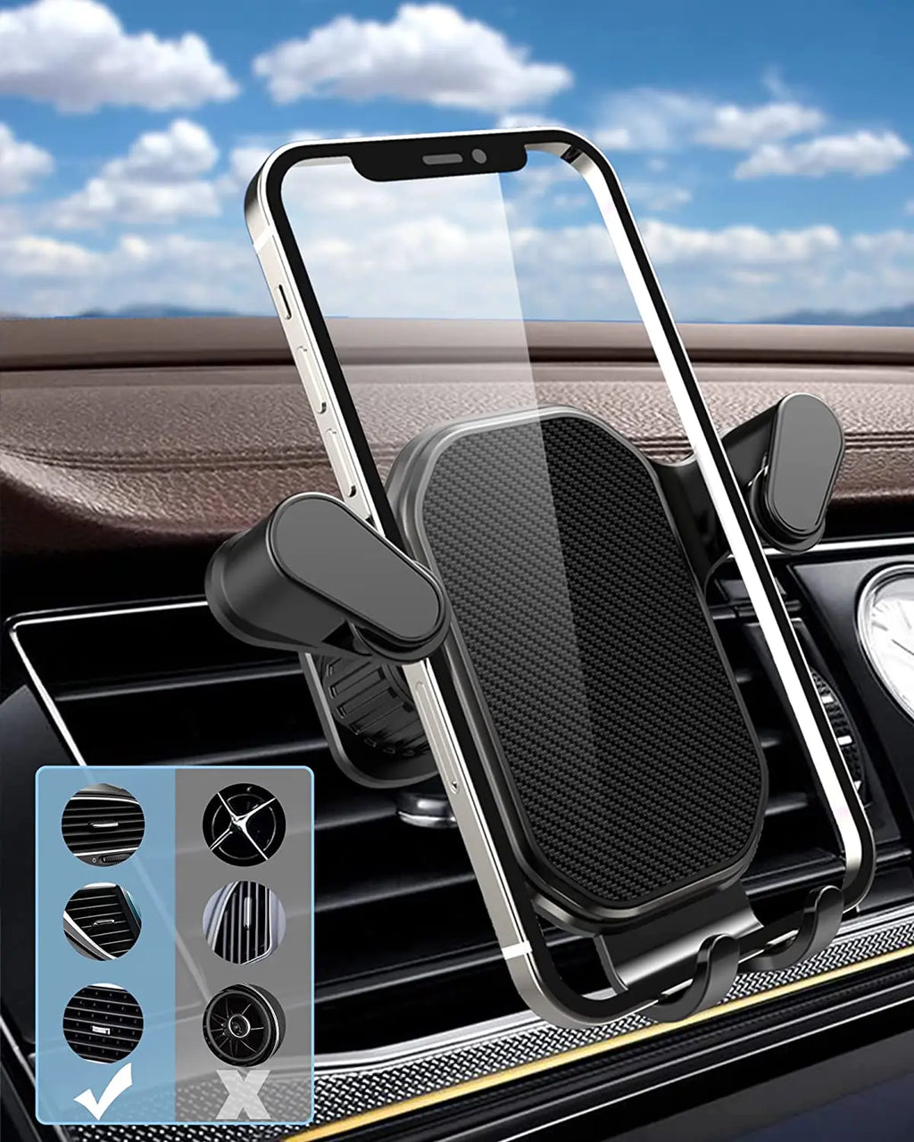 Gravity Car Air Vent Phone Holder – Universal Clip Mount for 4–7 in (10.2–17.8 cm) Smartphones, Shockproof 360° Rotation