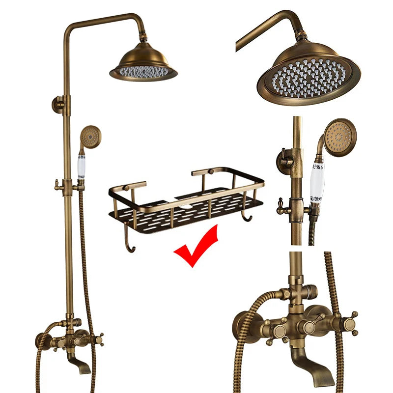 Antique Brass Wall-Mount Shower System with 8-inch (20 cm) Rainfall Head & Hand Shower, Adjustable 27.5–47.2 in (70–120 cm)
