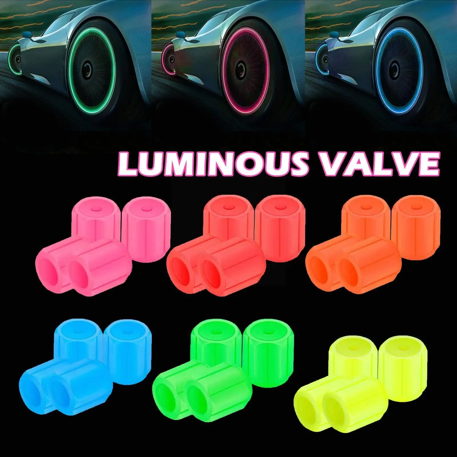 4-Pack Luminous Tire Valve Stem Caps 16×12×12mm (0.63×0.47×0.47 in) Glow-in-the-Dark Rhinestone Wheel Caps for Car Motorcycle Bike