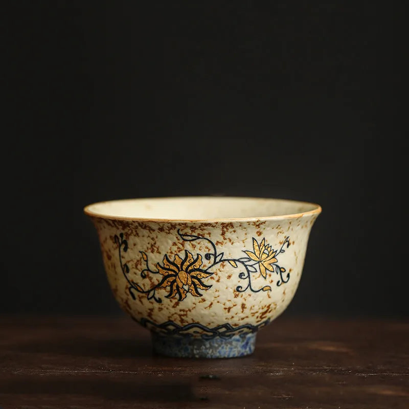 Handmade Floral Ceramic Tea Cup 45ml (1.5 fl oz) - Vintage Travel Teacup for Personal Tea & Meditation, 1-Pack