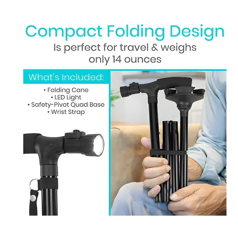 Adjustable Folding LED Walking Cane – Lightweight Aluminum, Anti-Slip Quad Tip, 32.3–37 in (82–94 cm), 250 lb Capacity
