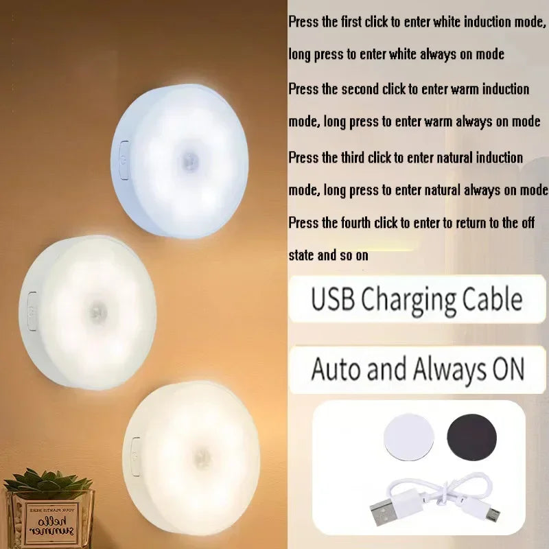 Motion Sensor LED Night Light – USB Rechargeable Magnetic PIR Light for Closet, Stair & Bedroom – Warm/Daylight