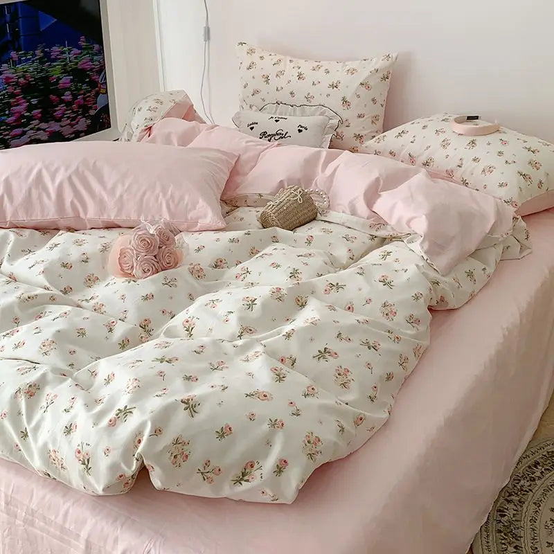 Pink Floral Brushed Microfiber Bedding Set Duvet Cover, Flat Sheet & Pillowcases (Twin/Full/Queen/King)