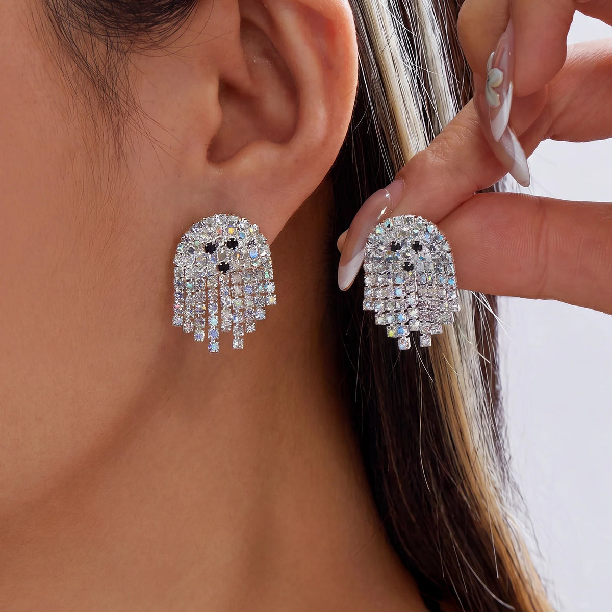 Sparkling Rhinestone Ghost Earrings for Women — Pavé Studs & Crystal Tassel Dangles (0.8–1.1 in / 2–2.8 cm) Halloween Costume Party Jewelry Gift