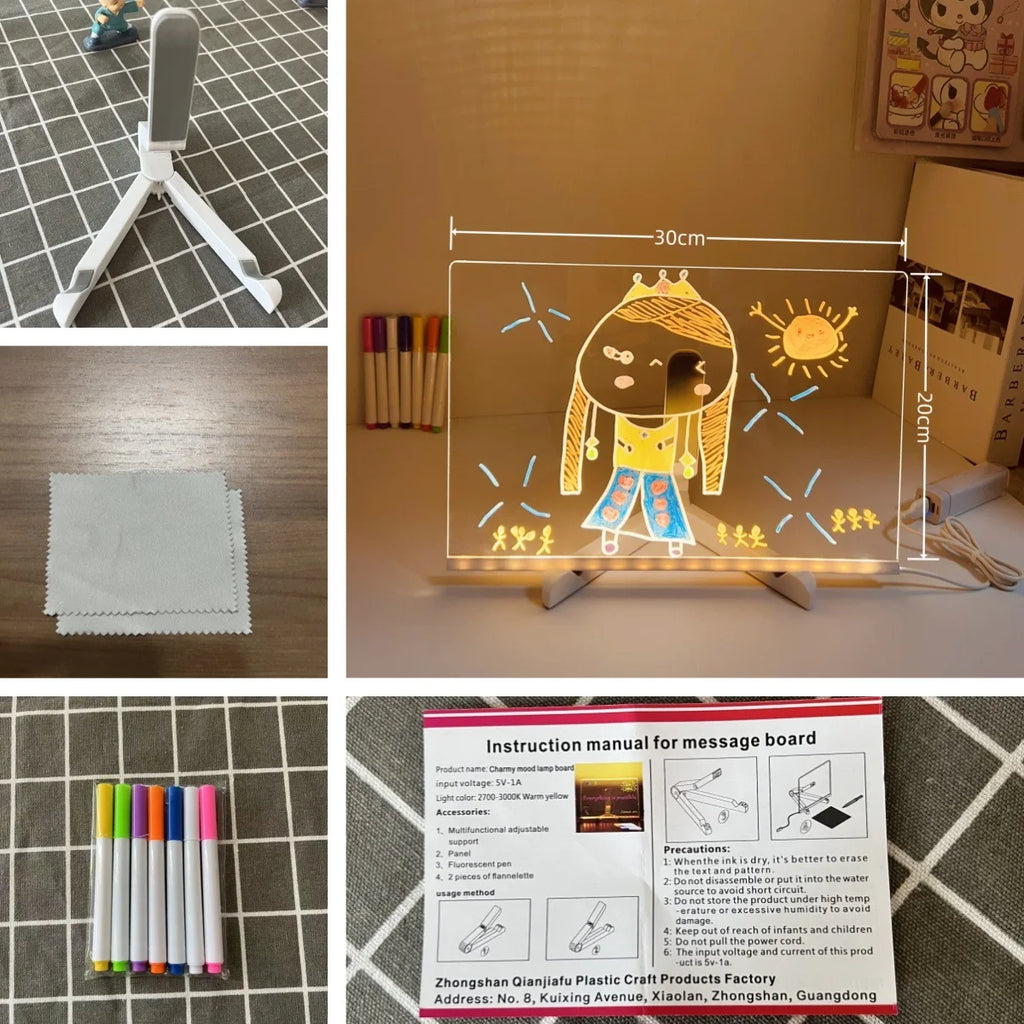 USB LED Acrylic Message Board Night Light with 7 Color Marker Pens — Rewritable Glowing Writing & Drawing Board for Home, Office & School