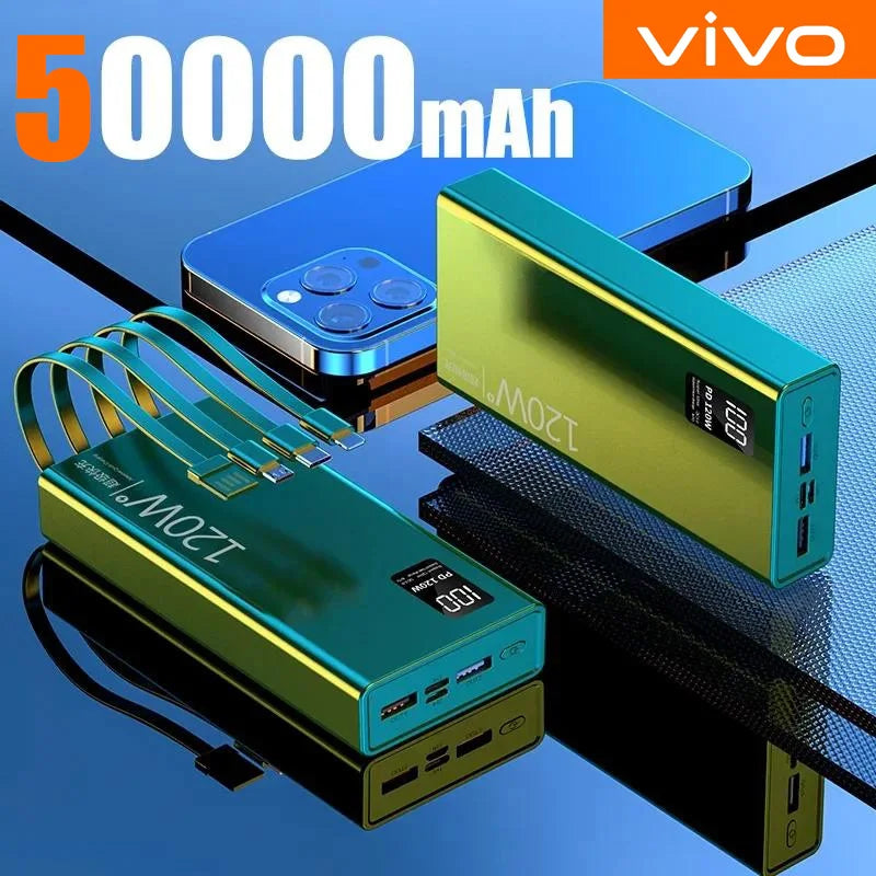 120W 50000mAh 4-in-1 Fast Charging Power Bank with Built-in Cables – Portable Charger for Smartphones & Tablets