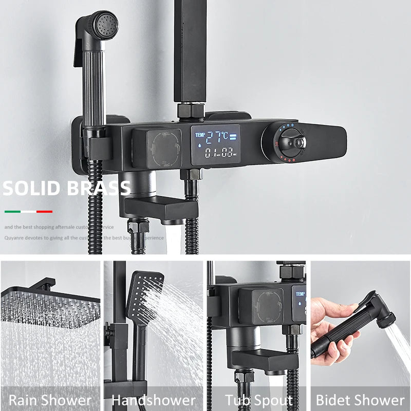 Black Thermostatic Shower Mixer with Digital Display, 4-Way Valve, 8-Inch (20 cm) Rainfall Head & Shelf